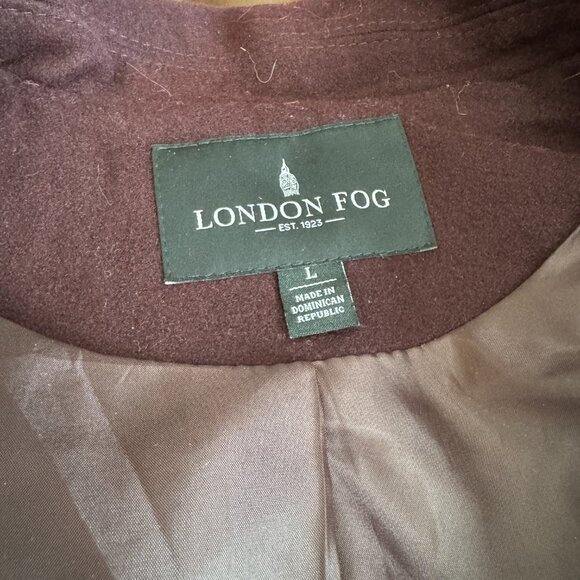 London Fog Wool Coat Burgandy with hood, belt and pockets for women size L - Picture 10 of 15